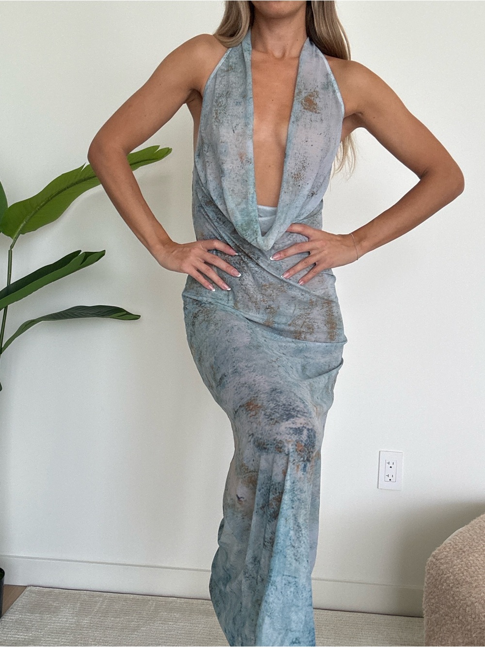 SHEIN Sage Green Marble-Print Halter Cowl Maxi Dress